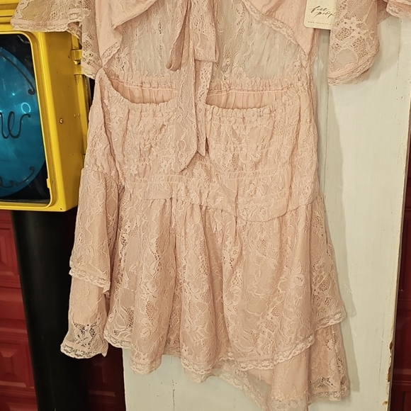 NWT Free People Womens Pink Rose Stretch Floral Lace Cut-out Tiered Mini Dress L - Picture 3 of 6